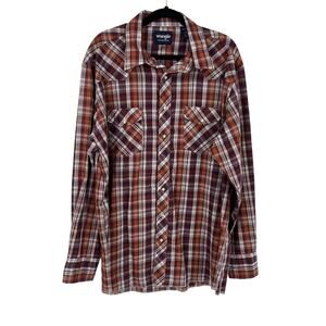 Vintage Wrangler Orange Plaid Button Up Pearl Snap Long Sleeve Western Men XXL
